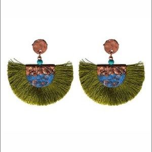 Olive green fringe fan thread tassel antiqued earrings